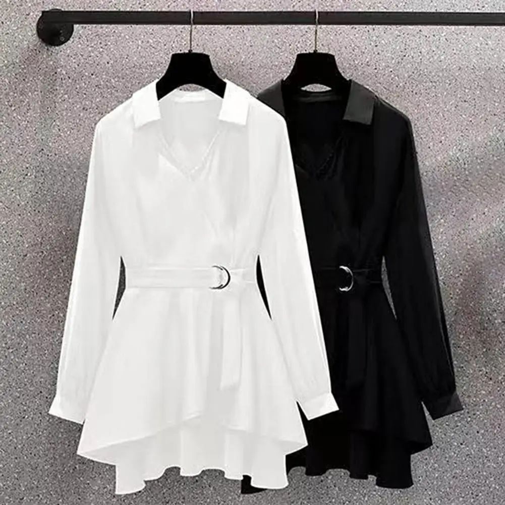 Women Shirt Dress Lapel V Neck Long Sleeves Irregular Hem Waist Tight Adjustable Belt Pullover Shirt Top Female Clothing