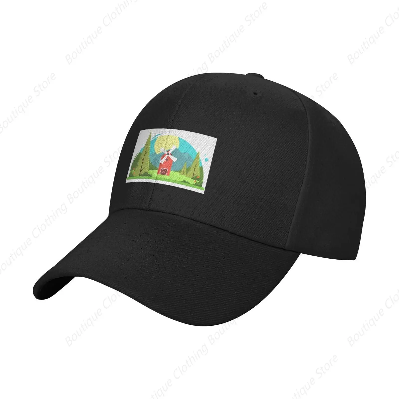 Cartoon Windmill Landscape Map Baseball Cap Women Men Hats Adjustable Trucker Sun Hat Dad Golf Caps Black