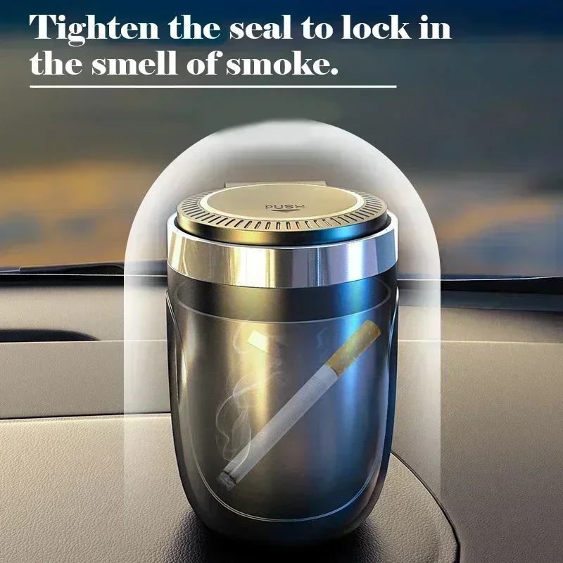 Luxury Car Ashtray Portable Automotive Smell Proof with Lid LED Blue Light Trash Can Single Holder Black Golden Red view 6