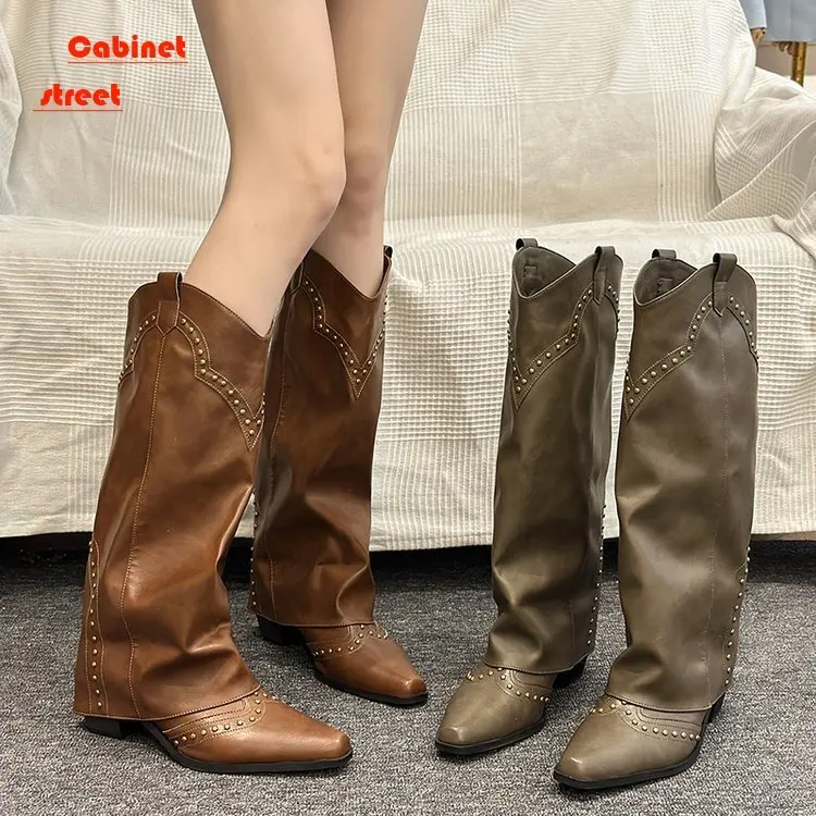 

Pointy Western Cowboy Women High Boots Female Riveted Pants Autumn Winter 2024 New Vintage Knight Chunky Heel V-cut Shoes