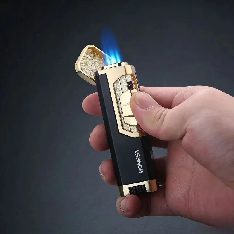 HONEST Metal Windproof Turbine Torch Lighter, Direct Charge Four Fire Gas, Kitchen BBQ Outdoor Camping Cigar Tool Gift for Men