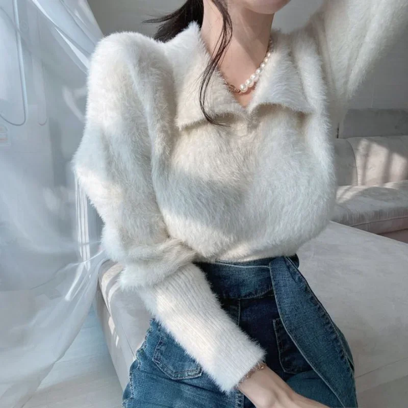 Fluffy Pullover Woman Turn Down Collar Solid Color Korean Fashion Long Sleeve Pullovers Sweet Soft Sweater Female V1652