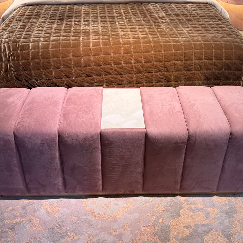 Custom Fluted Ribbed Velvet Ottoman Solid Wood Marble Insert Gold Trim Modern Living Room Bedroom Villa Suite Furniture Accent B