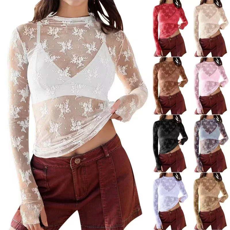 2026 woman sexy See-Through Lace Top Mesh Multi-Color Base solid color Shirts Trendy fashionable shirts for various combinations