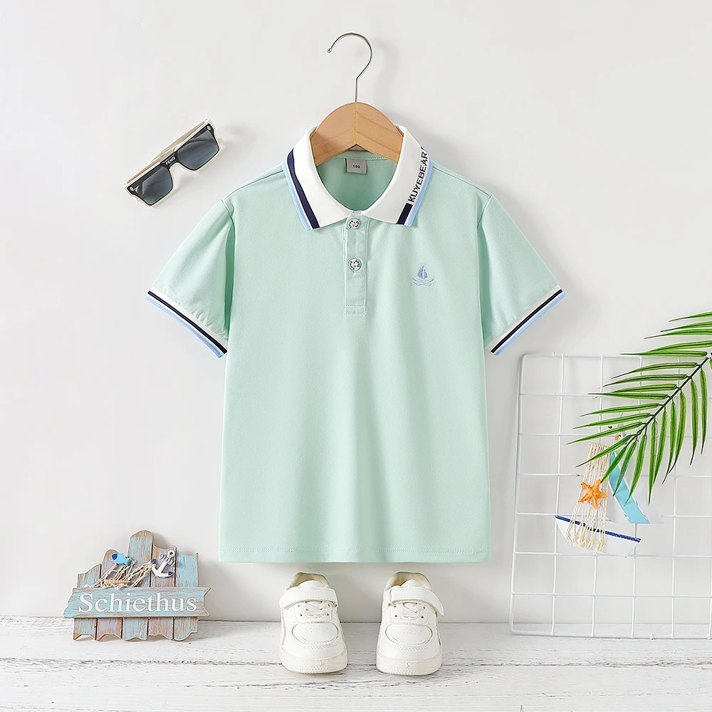 Jungen-Poloshirt 5-12 Jahre Sommer Segelboot-Stickerei Kurzarm-T-Shirt Kinder Gestreiftes Revers Atmungsaktives Lässiges Schul-T-Shirt – Detail 5