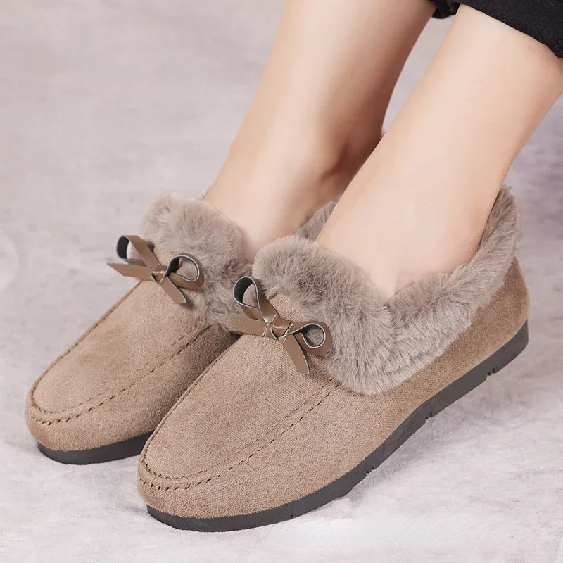 ผู้หญิงฤดูหนาวรองเท้าสบายๆใหม่รองเท้าแตะนุ่มแบนลื่นLoafersแฟชั่นComfort Warm Plush Bow Slipบนรองเท้าผ้าฝ้ายหญิง