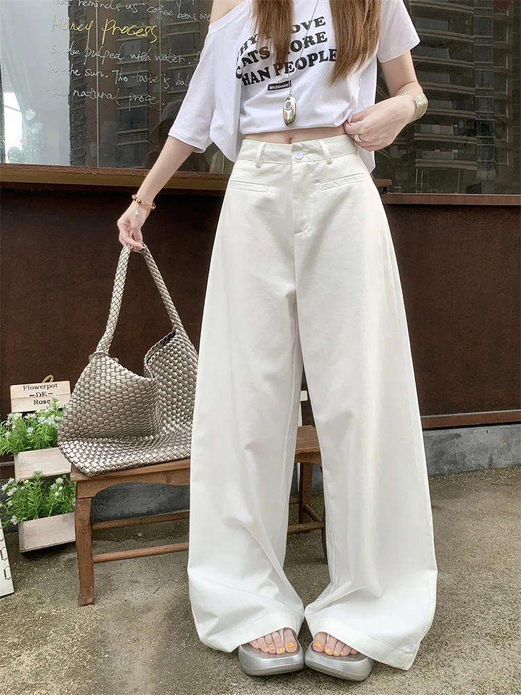 Pantalon polyvalent taille haute pour femmes, ample, jambes larges, kaki, suspendu, décontracté, simple, jambes droites, long, été