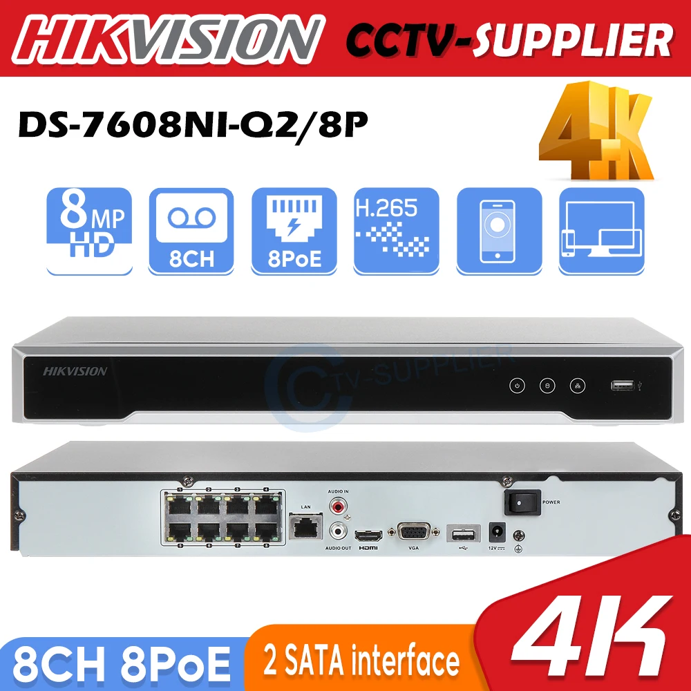 

Hikvision DS-7608NI-Q2/8P 8Channels Q-Series 2-Bay 1U 2HDD 4K 8-PoE NVR H265 HDMI VGA Network Video Recorder