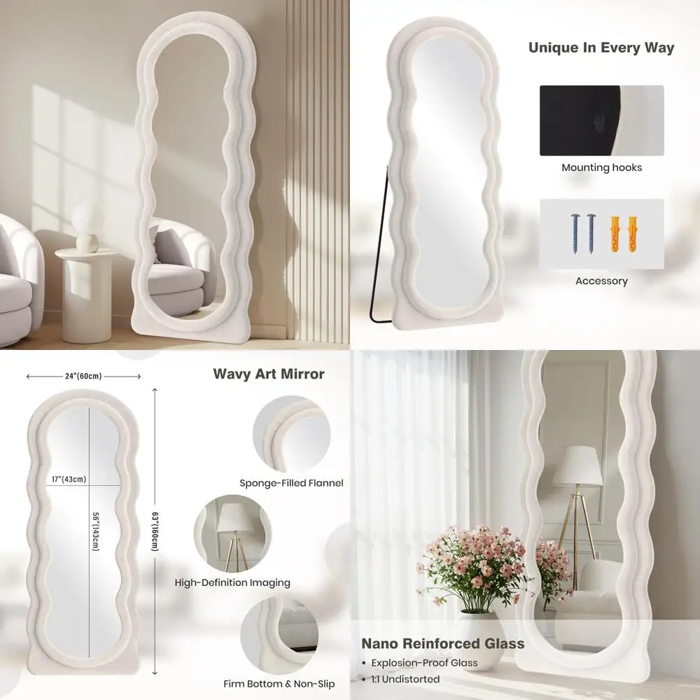 Arched Wavy Full Body Mirror 63x24 Inches - Wall Mounted Floor Leaning Mirror with Stand, Ivory Flannel Frame, Long-Lasting Wall