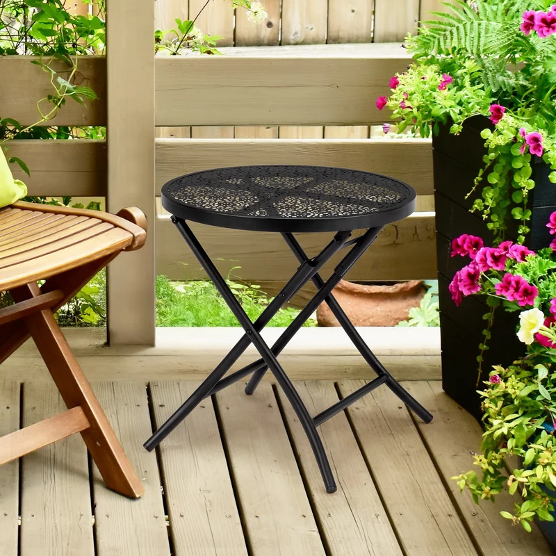 Patio Metal Round Bistro Table Outdoor Dining Table with Flower Cut Outs