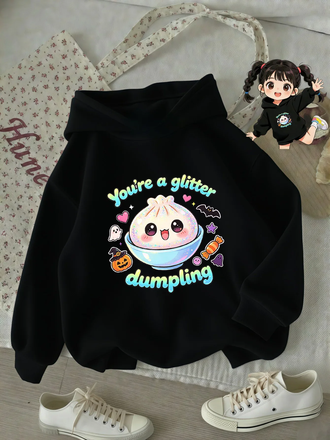 Kids Halloween Dumpling Hoodie Kawaii Glitter Cartoon Graphic Print Autumn Winter Thick Fleece Lined Warm Pullover