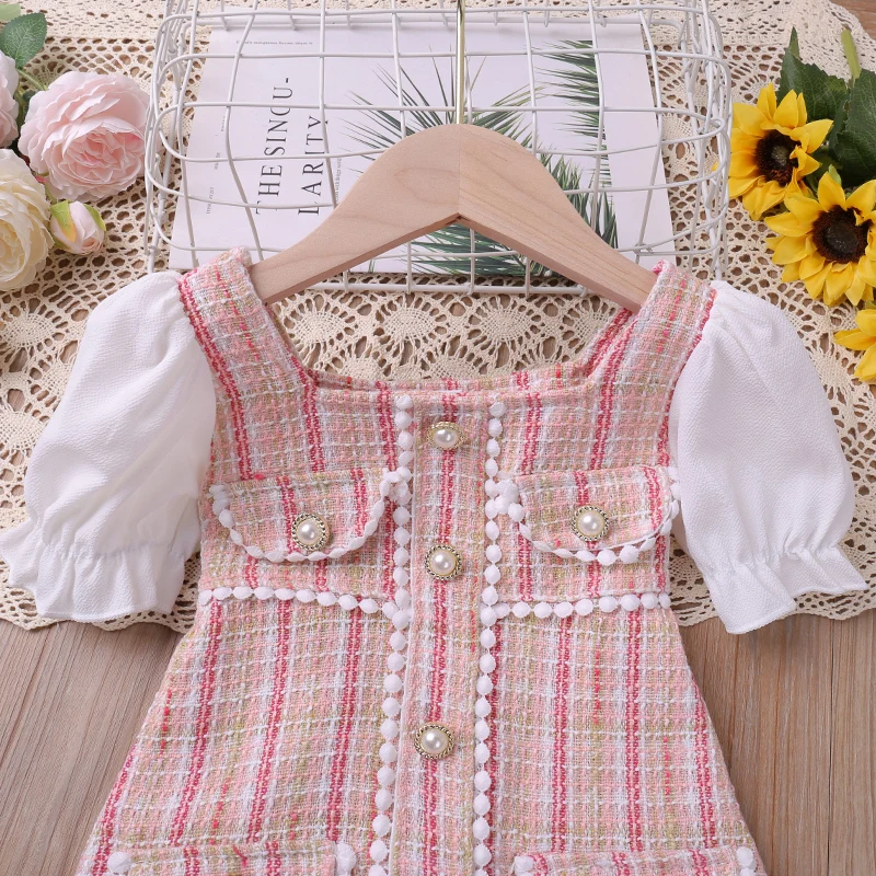 Humor Bear Kids Clothes Checked Pearl Buckle Floral Dress Cute Princess Dress Puff Sleeves With Small Fragrance Dress