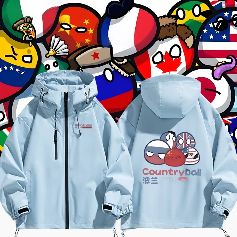 

Свободная верхняя одежда Polandball Ball Jaet ex, ветрозащитное пальто из полиэфирного волокна, длинное пальто с капюшоном на молнии для подростков