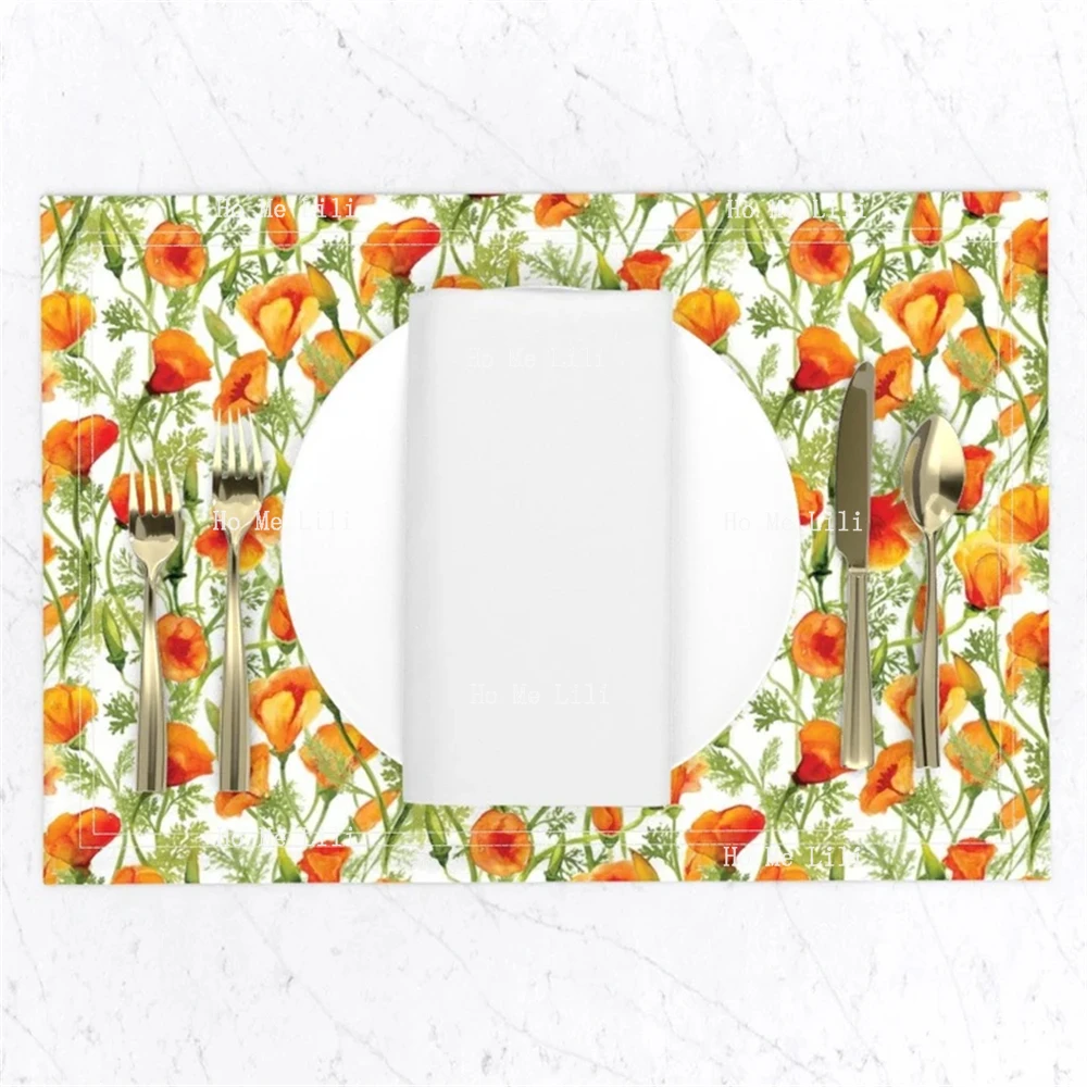 California Poppies Small Orange Wildflowers Fleurs De Provence Vintage Floral Blue White Flowers Polyester Fabric Placemats