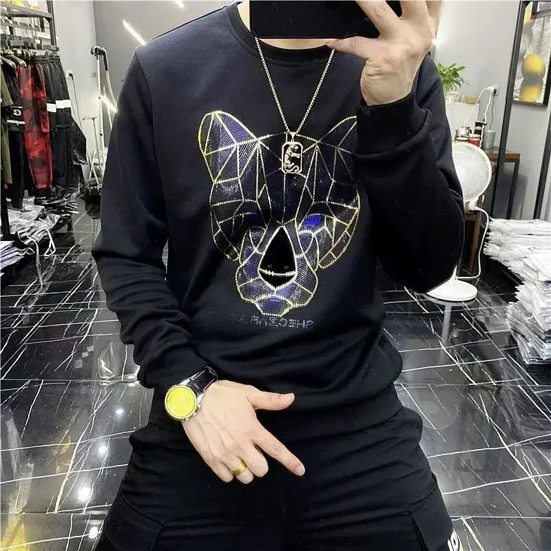 Sweatshirts for Man Top Pullover Men\'s Clothing Hoodieless Yellow New Rock Graphic Diamond Warm Novelty and Korean Style Luxury