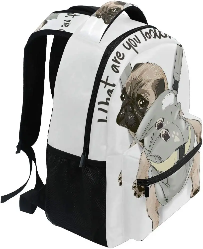 Pug Dog Print Puppy Funny Quote Large Backpack for Kids Boys Girls Student Personalized Laptop iPad Tablet Travel School Bag