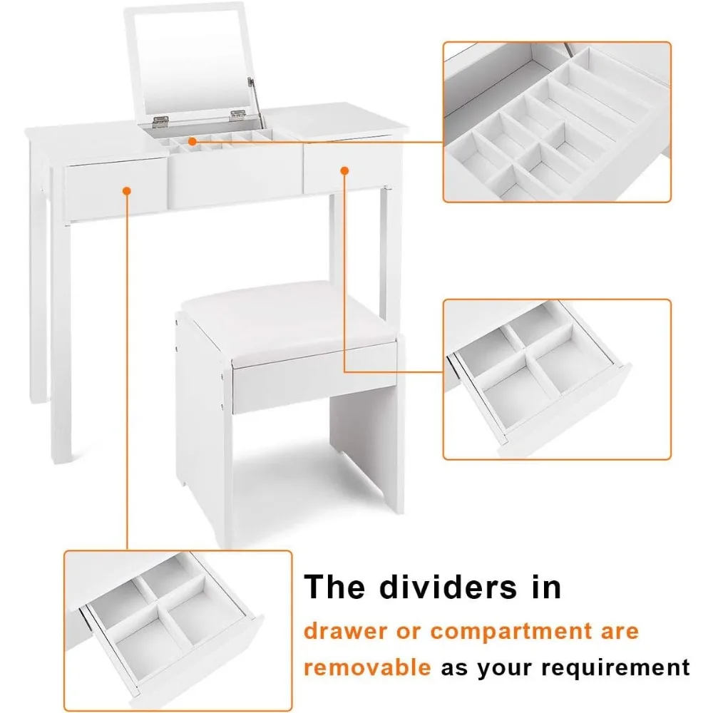 حمام مع مرآة قابلة للطي، درجين، 3 منظمات قابلة للفصل (أبيض)