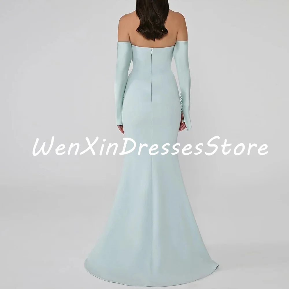 Elegant Blue A-Line Floor Length Boat Neck Detachable Sleeve Jersey 3/4 Sleeves Party Dress Evening Gowns  Pleats Saudi Arabia