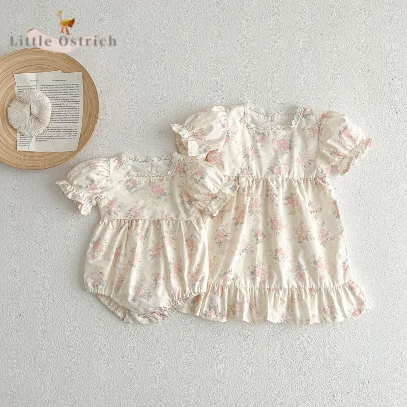 Newborn Baby Girl Flower Lace Cotton Romper Dress Infant Toddler Child Short Puff Sleeve Jumpsuit Pullover Baby Clothes 3-18M