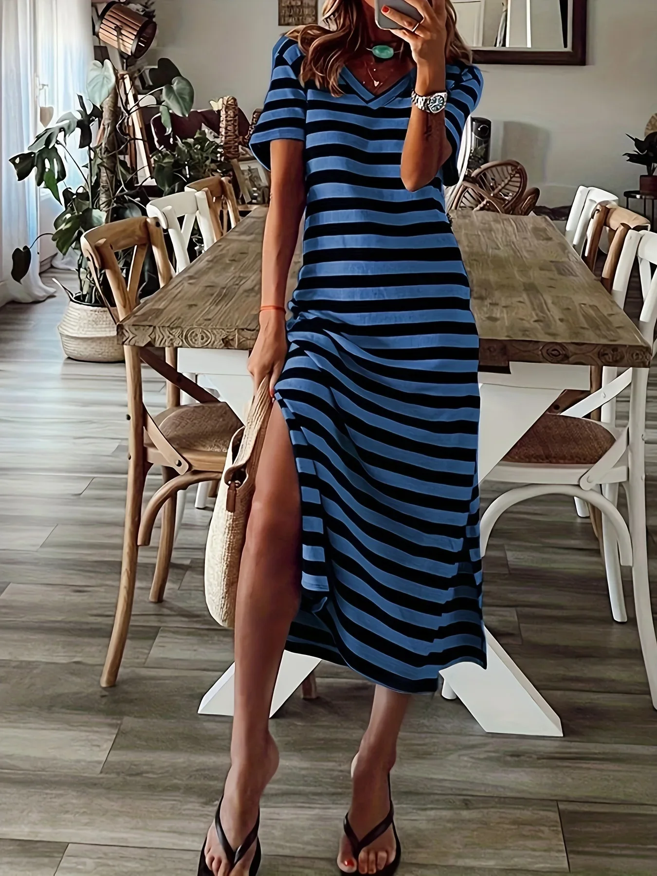 2025 New Arrival Best Selling Women's New Big Size Women's Summer Slit Loose Printed Dresses Strips Ladies Clothes Fashion Dress