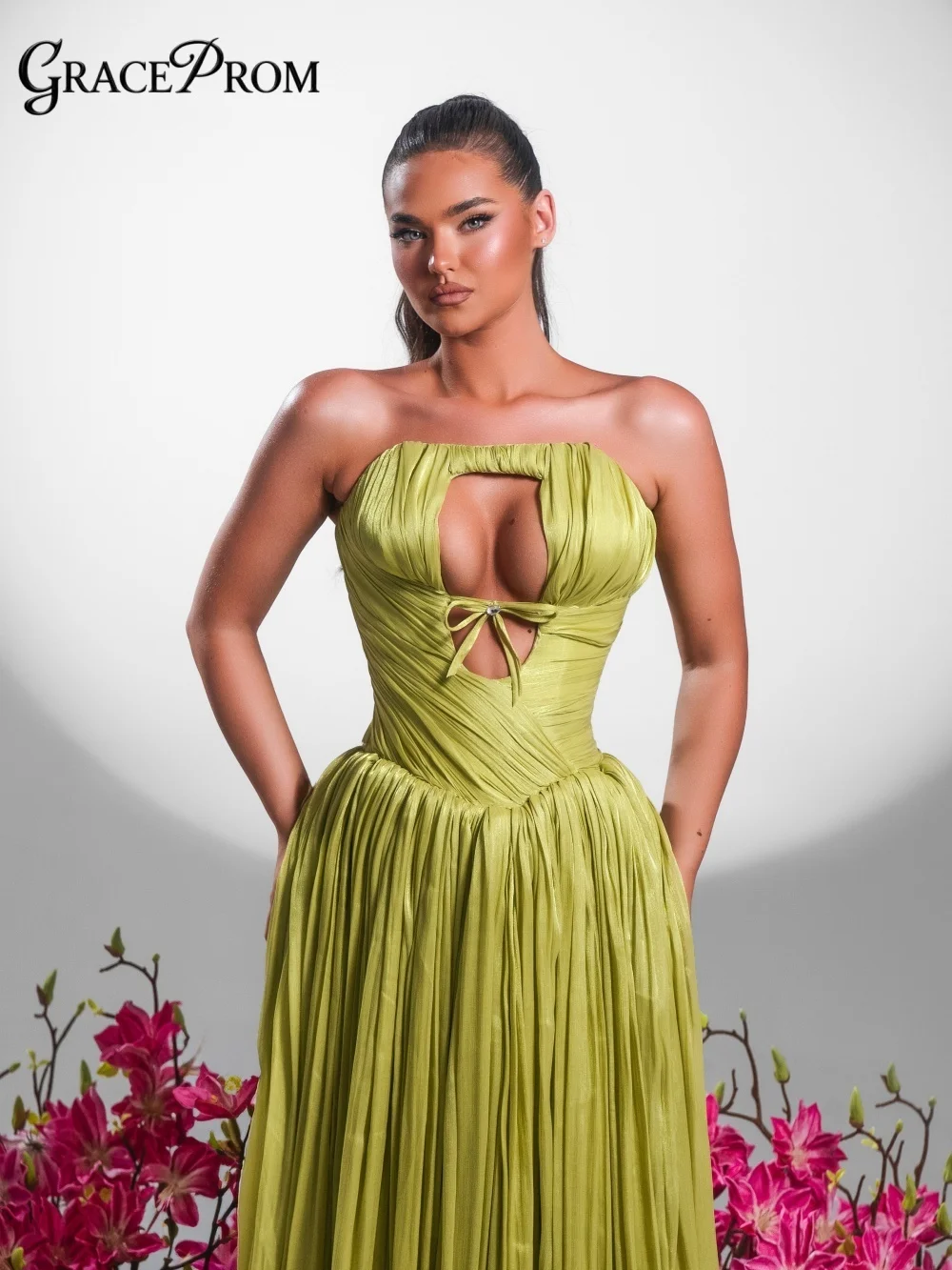 

Glamorous Bright Olive Green Strapless Maxi Gown Gloss Wide Flowing Skirt Party Dress Evening Gown For Wedding Guest فساتين سهرة