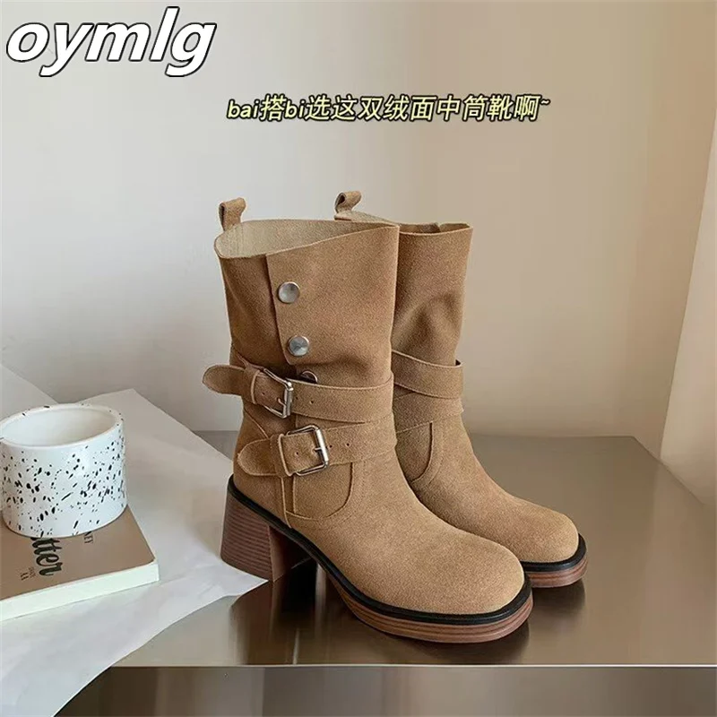 2024 New Western Cowboy Boots Women's Versatile Comfortable Knight Boots Thick Heel Short Boots Trendy Cool Belt Buckle