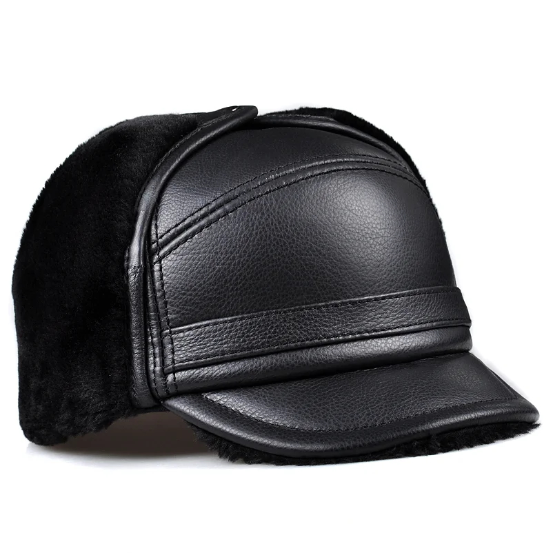 Male Winter Warm Ear Protection Bomber Hat Man Genuine Leather Faux Fur Inside Black/Brown Ultra Large Size 54-62cm Caps