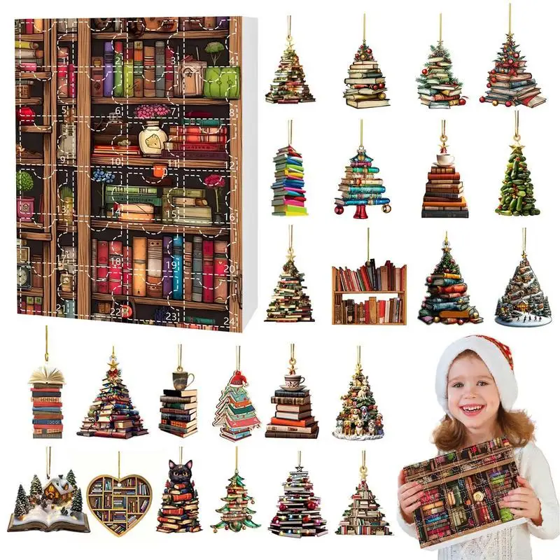 

Christmas Book Design Advent Calendar xmas Tree Shaped Bookshelf Hangable Pendant 2D Acrylic Decoration for Book Lovers