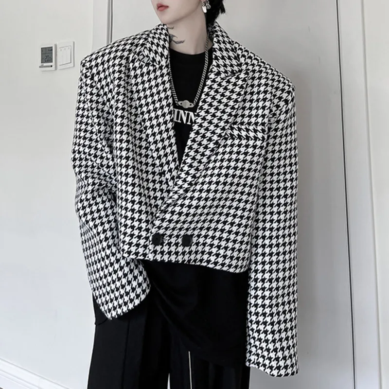 

Advanced Men Blazers Houndstooth Checker Lapel Long Sleeve Suit Jacket Button Streetwear Korean Stylish Casual Loose Crop Coats