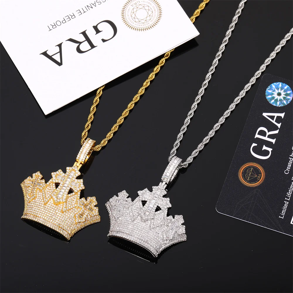 Blingminer VVS Moissanite Crown Cross Pendant Necklaces Brass Men Women Hip Hop Jewelry Free Shipping