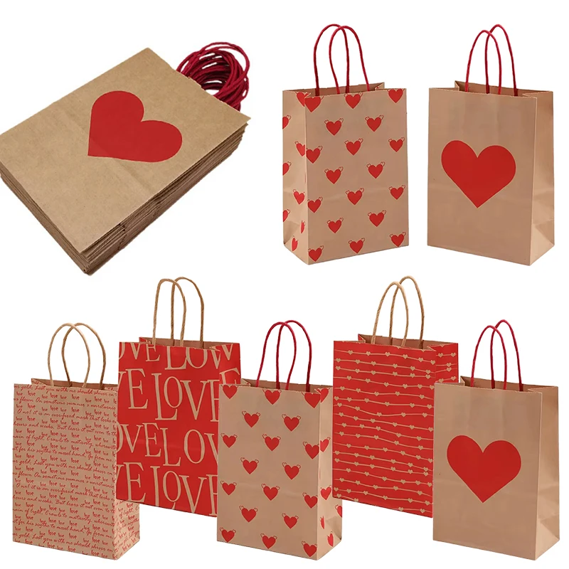 Bolsa de papel Kraft con patrones de corazón, 10 Uds., con asa, embalaje de regalo para el Día de San Valentín, bolsas románticas, accesorios para fiesta y boda ZYF