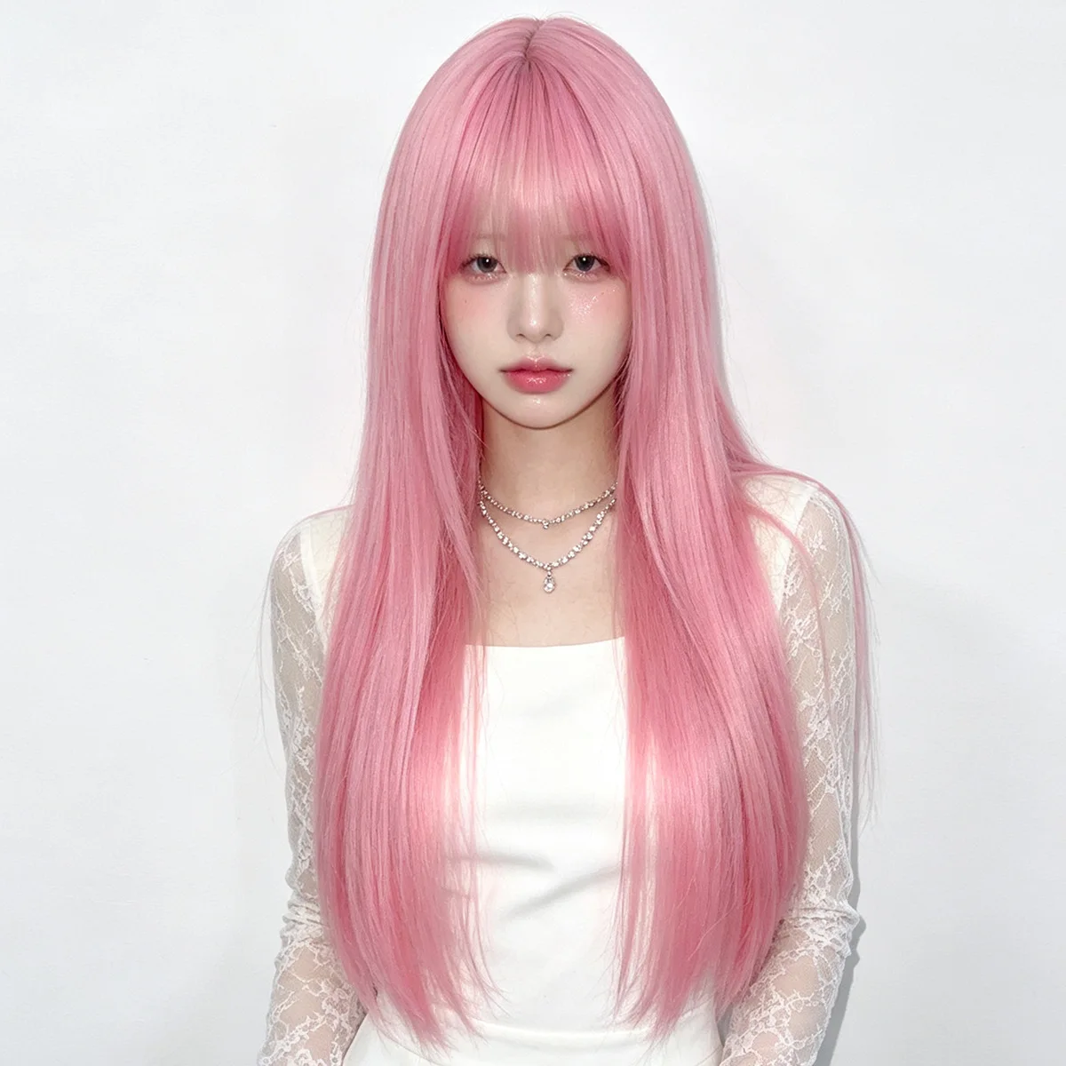 Pink 26-inch long straight synthetic wig - Halloween party cosplay role-playing wig - Daily wig - High-temperature silk wig set