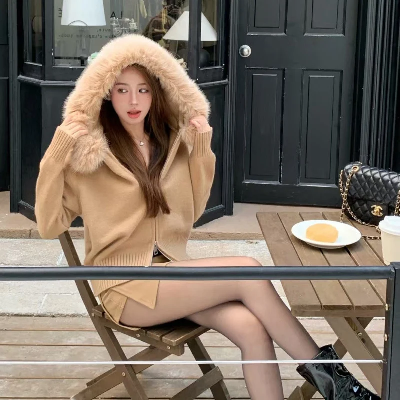 

Retro Fur Collar Hooded Cardigan Jacket Women American Street Double Zipper Sweater Coat Y2K Autumn Warm Knitwear Outerwear