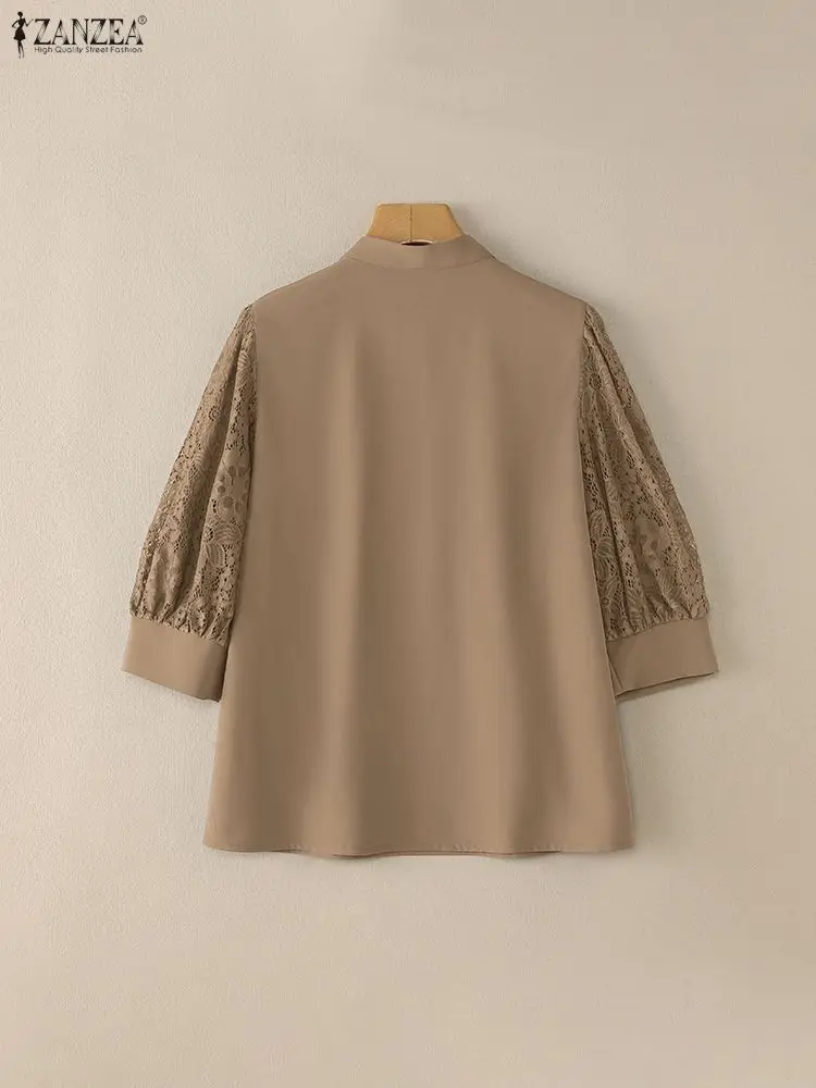 Koszula ZANZEA na lato 2025 z koronkowymi wstawkami, elegancka bluzka damska do biura ze stójką, rękaw 3/4, luźna tunika, koszula do pracy, chemise mujer