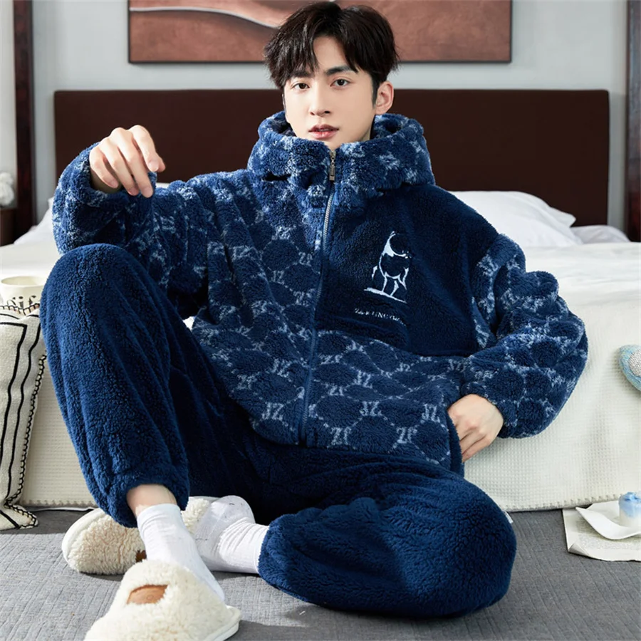 Letter Print Winter Warm Pajamas Set Men Hooded Coral Fleece Coat + Long Pants Homewear Men's Clothing 2 Piece Loungwear