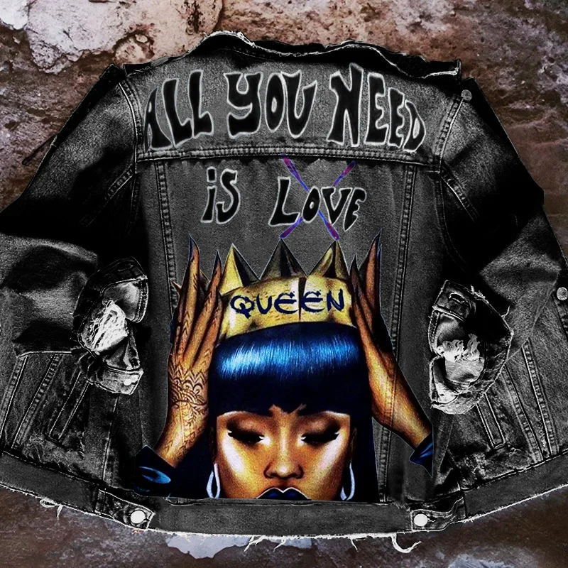 Women\'s Autumn New Hot Selling Street INS Hip-Hop Personality Girl Pattern Coronation Crown Printing Lapel Denim Jacket