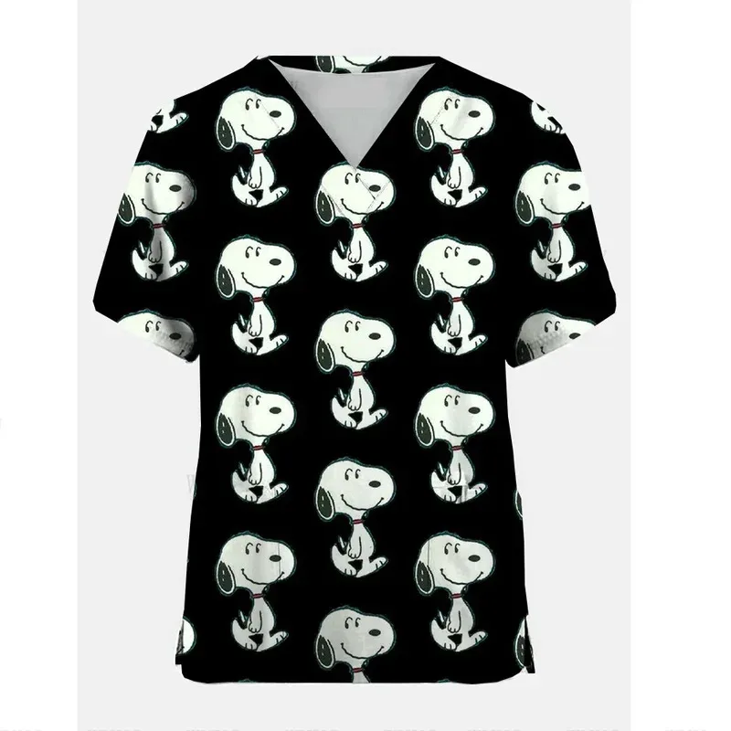 

Women Tshirt Nurse Uniform Lovely Snoopy Charlie Brown Cartoon Print V-Neck Pocket Medical Top Workwear Uniforme Enfermera Tops