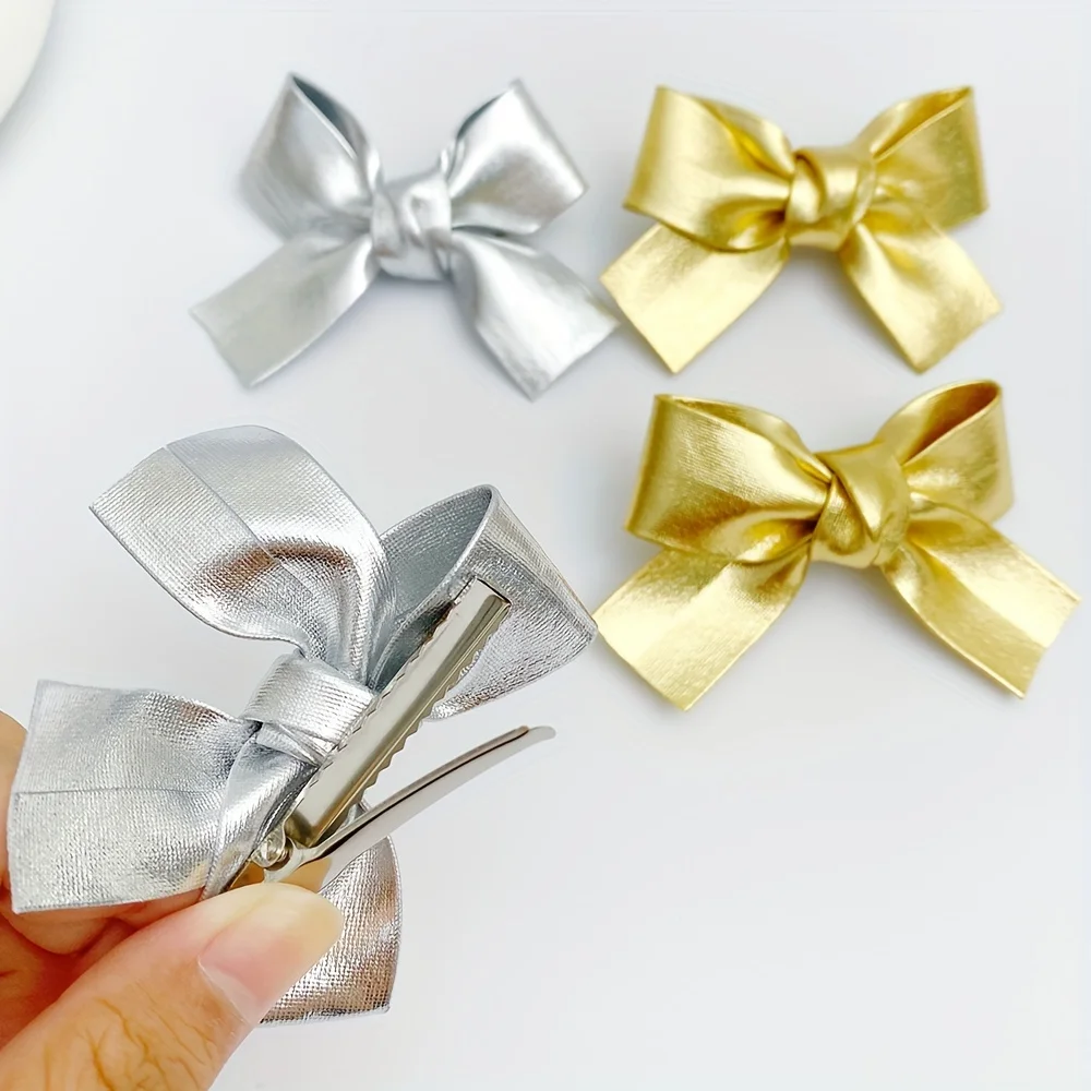 4 Pieces of Multi-Color Glittering Gold and Silver Bow Hairpins for Girls