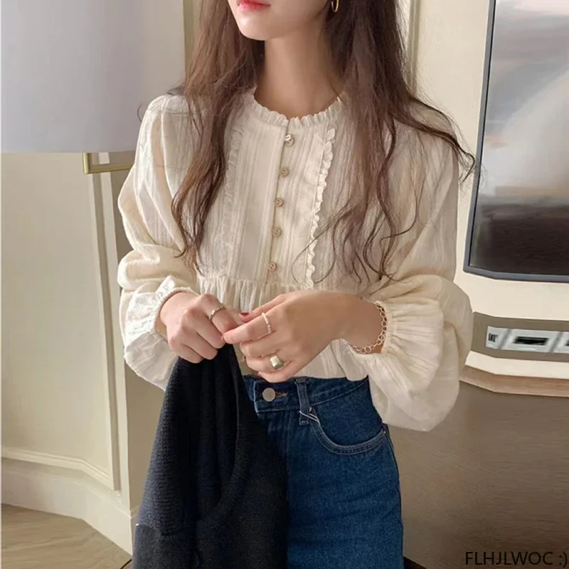 Mori Girl South Korea Cute Sweet Tops Women Preppy Style Date Japan Girls Vintage Cotton Blends Hollow Out Lace Shirts Blouses