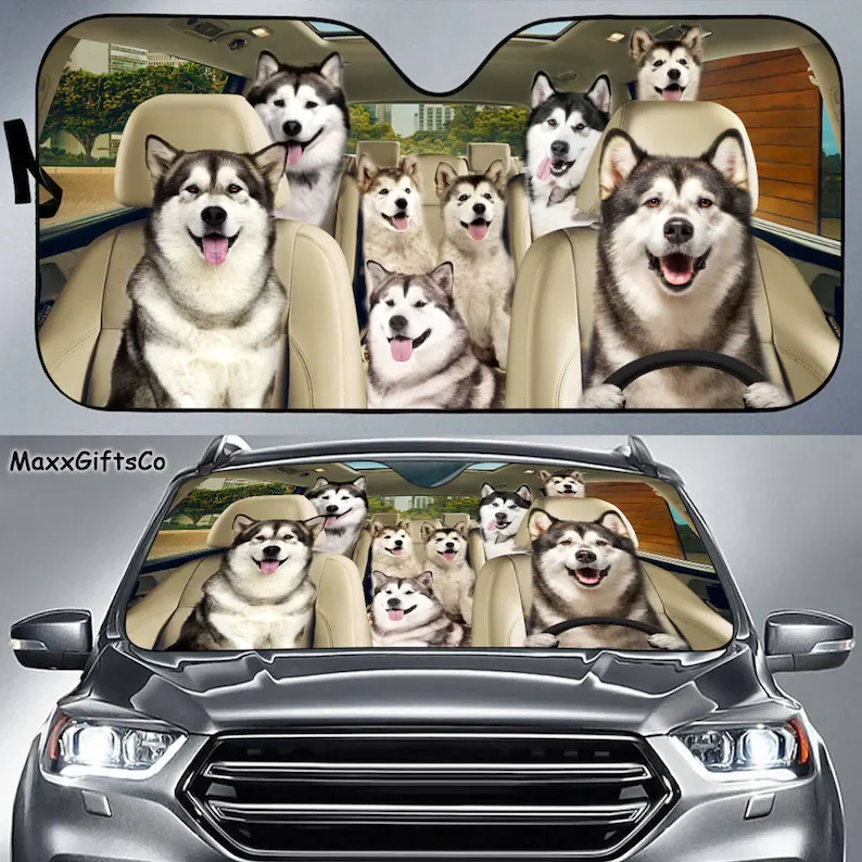 Alaskan Malamute Car Sun Shade, Alaskan Malamute Windshield, Dogs Family Sunshade, Dogs Car Accessories, Car Decoration, Gift Fo