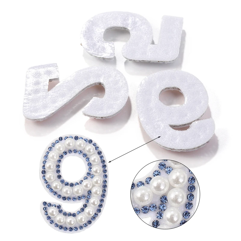 Blue 0-9 Rhinestone Pearl numbers Iron Sew On Patch Badge 3D Handmade Patches Bag Hat Jeans Clothes Applique DIY
