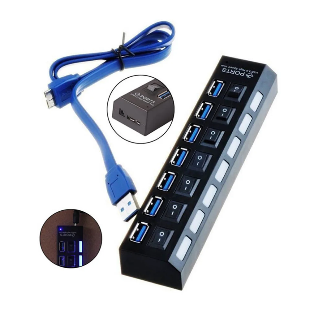 

7 Ports USB 3.0 Hub Splitter Switch Black Durable Long Lasting Mini Laptop Pc Data Transfer USB Devices