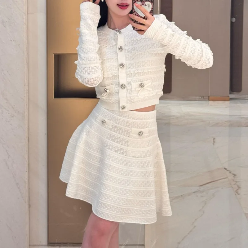 Women's ruffle edge round neck long-sleeved knitted cardigan top women's + short skirt