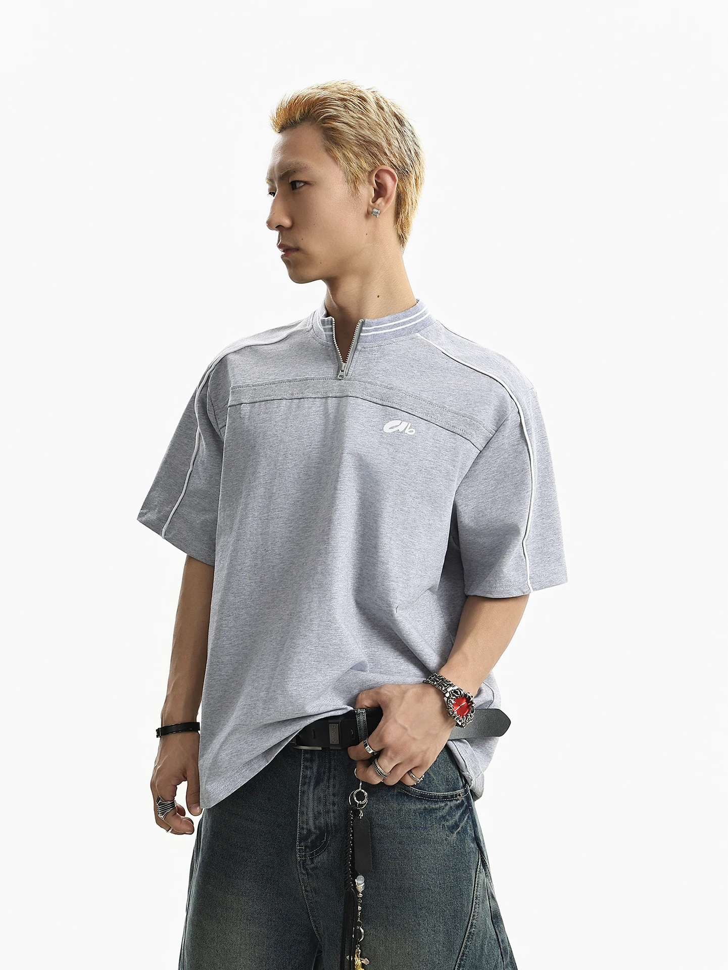 

BETEBULE American High Street Deconstructed Half Zipper Stand Collar Short Sleeve T-Shirt Men Summer Vintage Loose Top