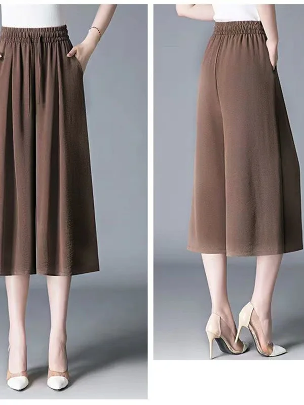 Pantalon à jambes larges en soie glacée pour femmes, jupe fine et ample drapée, décontracté, coréen, taille haute, en Fiber de Polyester, été