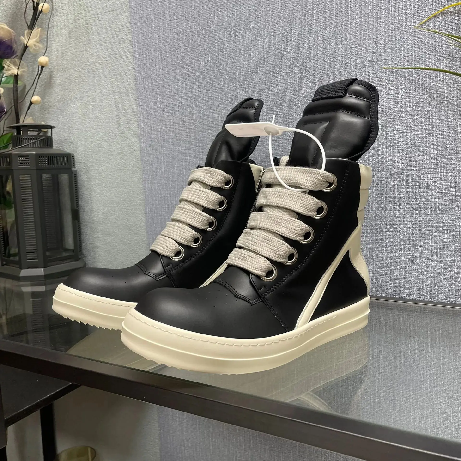 

Qvah Owens Shoes Men's High Top Women Jumbo Lace Up Leather Casual Sneakers Luxury Zip Black Vintage Trendy Designer Boots