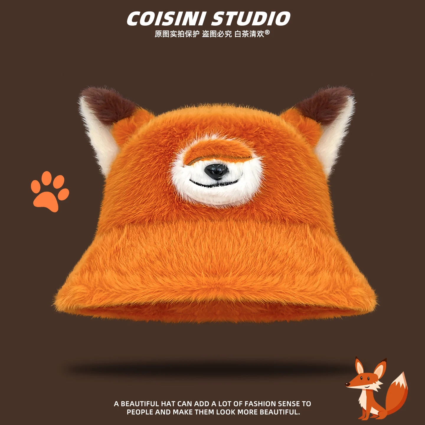

New Cute carton Fox Ears Plush Bucket Hat Women's Autumn and Winter Warm Furry basin Hats Animation Surrounding Fisherman Caps