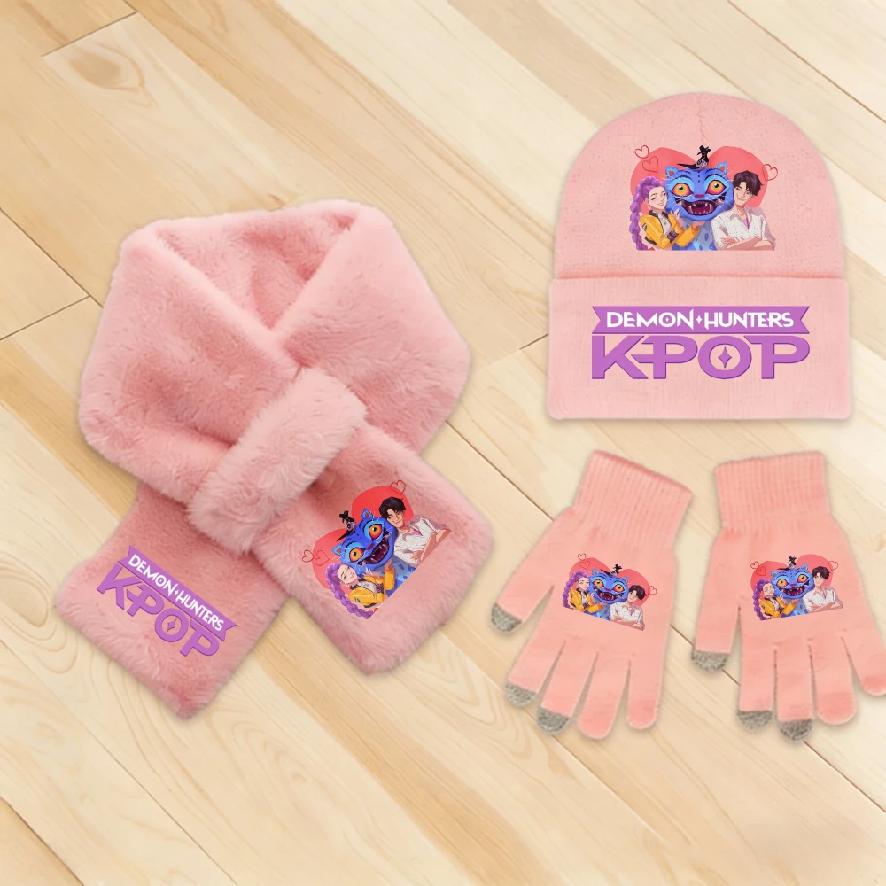 Kpop Demon Hunters 3Pcs Warm Soft Kids Girl Knit Hat Scarf Glove Set Winter Fashion Casual Accessories Perfect Christmas Gift