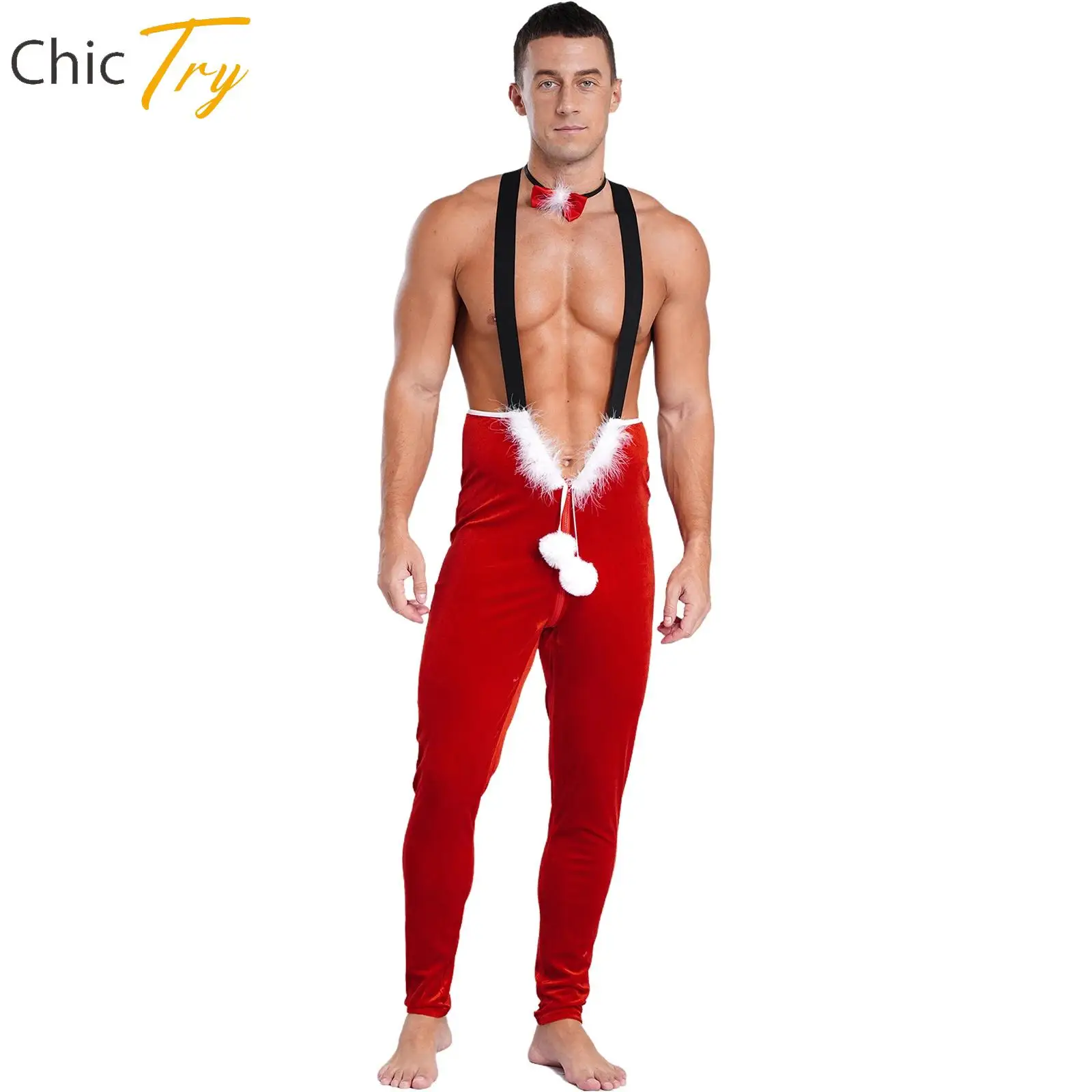 

Sexy Mens Red Christmas Santa Claus Cosplay Stage Performance Party Costume Plush Ball Zipper Strap Jumpsuit+Bowknot Neckband