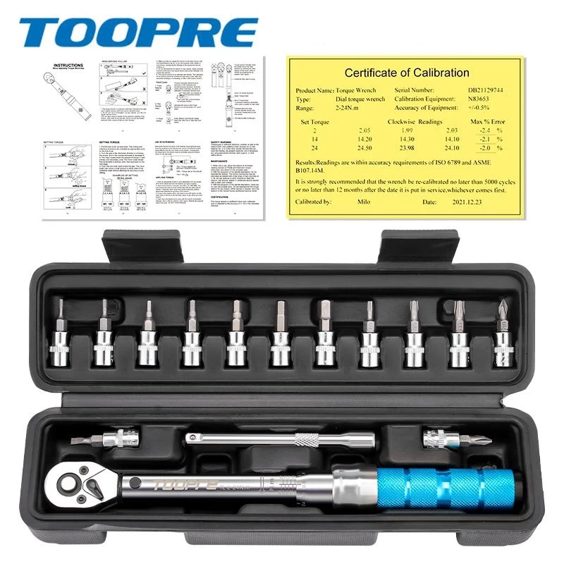 TOOPRE Bicycle Torque Wrench Preset Adjustable Torque 1/4 Xiaofei 2-24NM Ratchet Wrench Set Bicycle Repair Tool